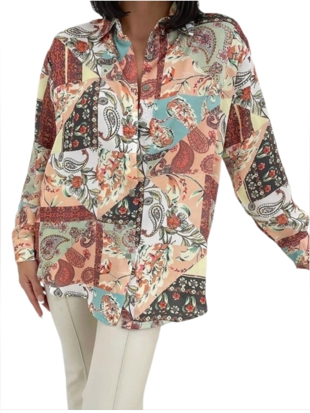 Zara Patchwork Paisley Print Satin Button-Down Shirt Blouse Medium
